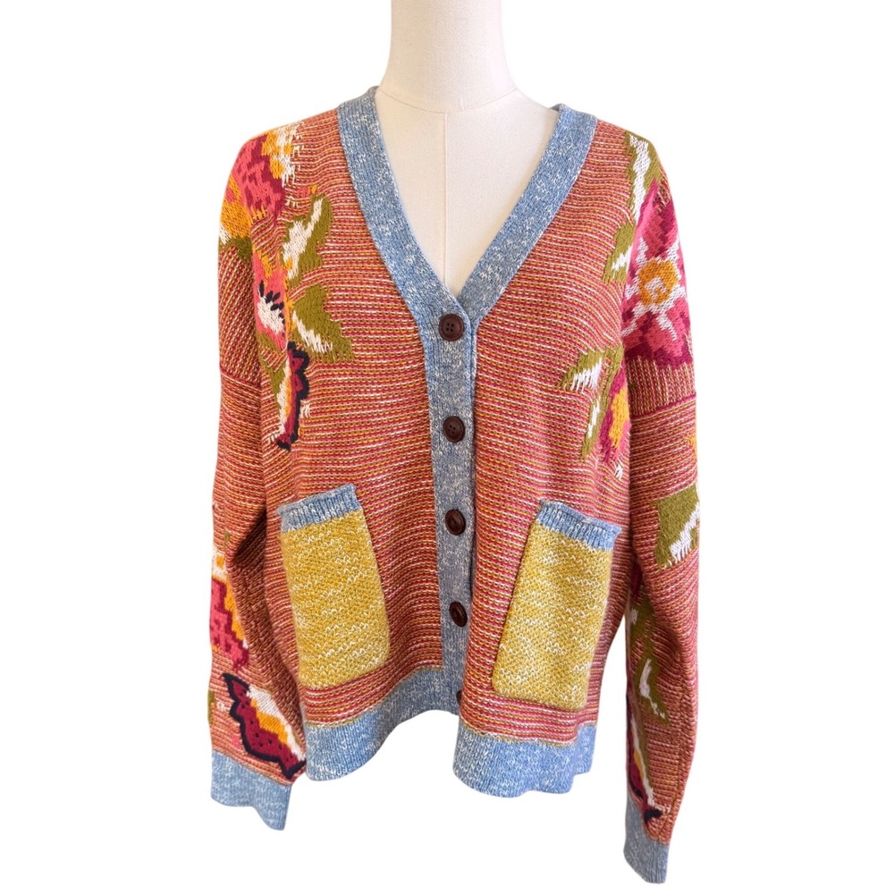 Sundance Floral Intarsia Knit Cardigan Sweater Orange Pink Blue Size L